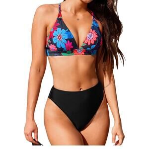 CUPSHE Women’s High Waist Bikini Set V-Neck Crisscross Back Tie Cheeky NWT SZ S